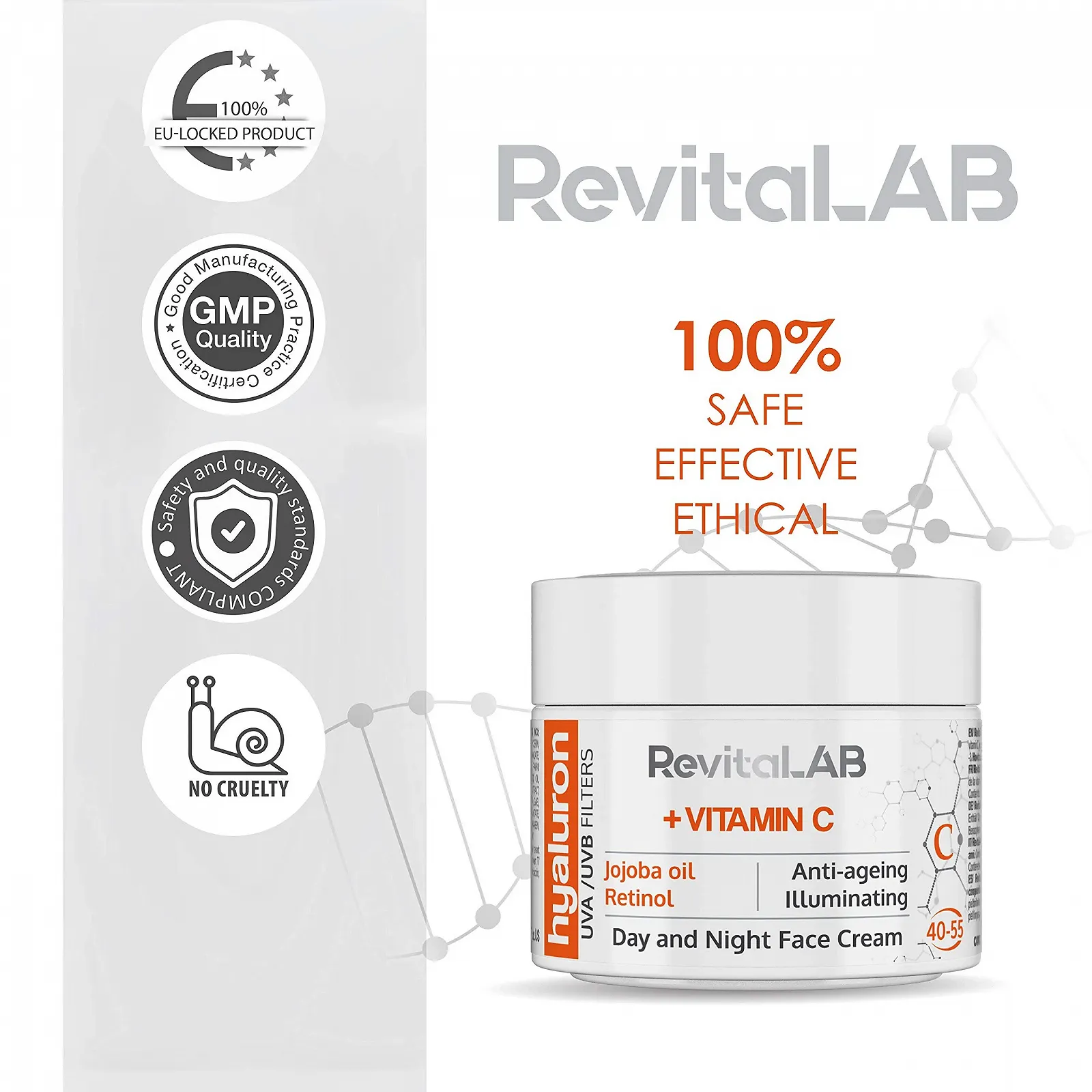 Денний та нічний крем RevitaLAB Hyaluronic Anti-Ageing з вітаміном C, олією жожоба та UV-фільтрами 40-55 років 50 мл, фото №5