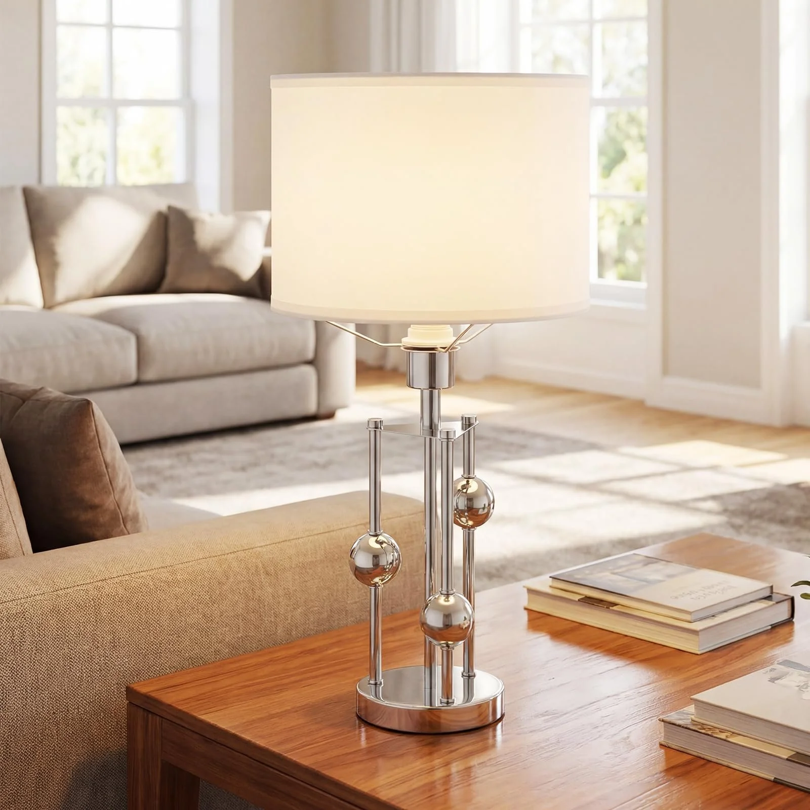 Настільна лампа COSTWAY з цоколем E27 лляним абажуром та декоративними кулями 30 x 60 см, фото №8