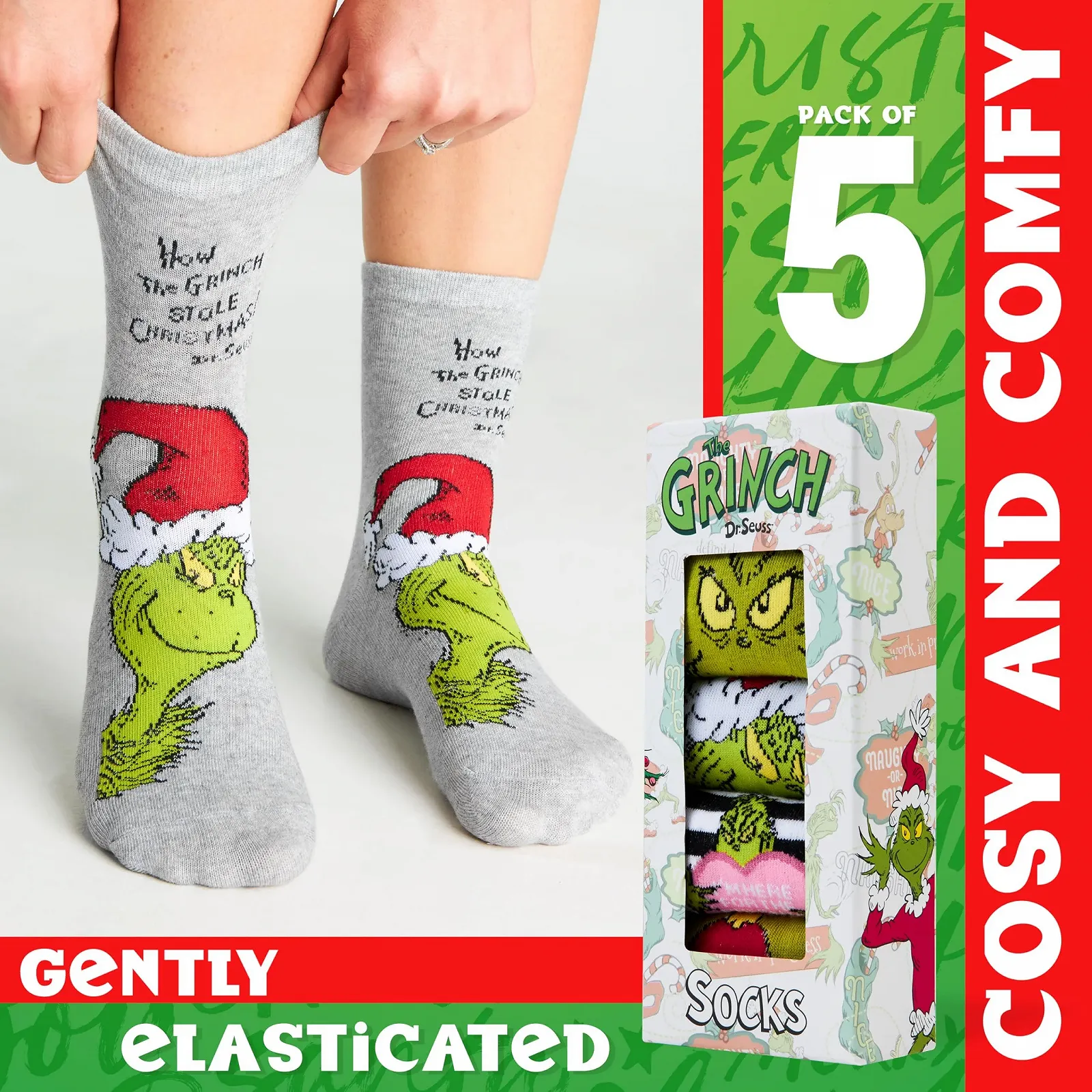 Жіночі шкарпетки до ікри Grinch, набір з 5 штук, червоні, фото №4