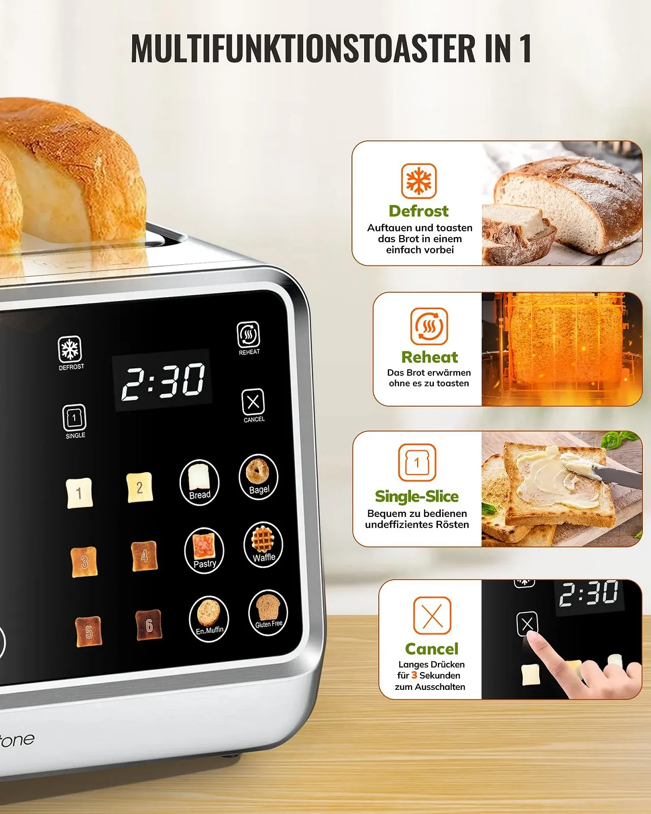 Тостер Keenstone 4 скибки Digital Intelligent з сенсорним екраном, подвійною панеллю керування, одинарна коробка, функція тостів, режим розігріву та розморожування, ідеально підходить для бубликів, хліба, вафель, фото №4 Тостер Keenstone 4 скибки Digital Intelligent з сенсорним екраном, подвійною панеллю керування, одинарна коробка, функція тостів, режим розігріву та розморожування, ідеально підходить для бубликів, хліба, вафель, фото №4