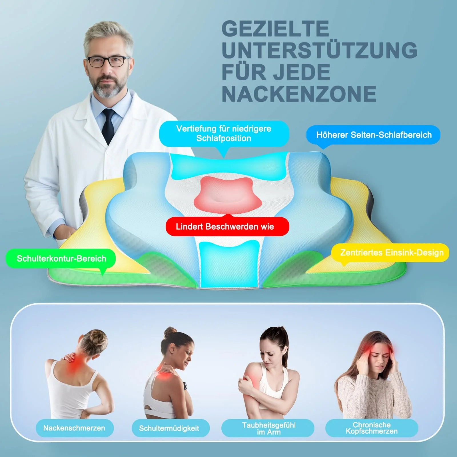 Подушка для шиї Perlie Memory Foam Ергономічна для підтримки шиї для сну на боці, спині та животі (1 шт. в упаковці), фото №4