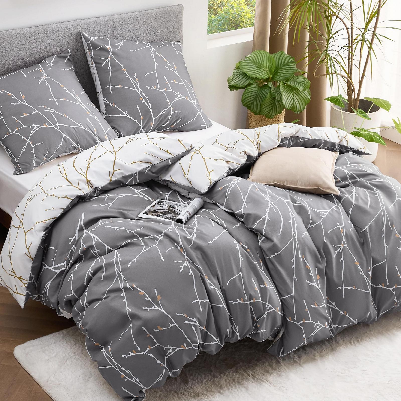 Постільна білизна BEDSURE 135 x 200 см, 4 предмети, сірий візерунок "Гілки", з блискавкою, фото №1