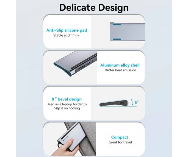 Док-станція USB3.1 Type-C -- HDMI/VGA/USB-C/USB3.0x3/RJ45/SD/TF/TRRS 3.5mm/PD 100W Vention 11in1, фото №6