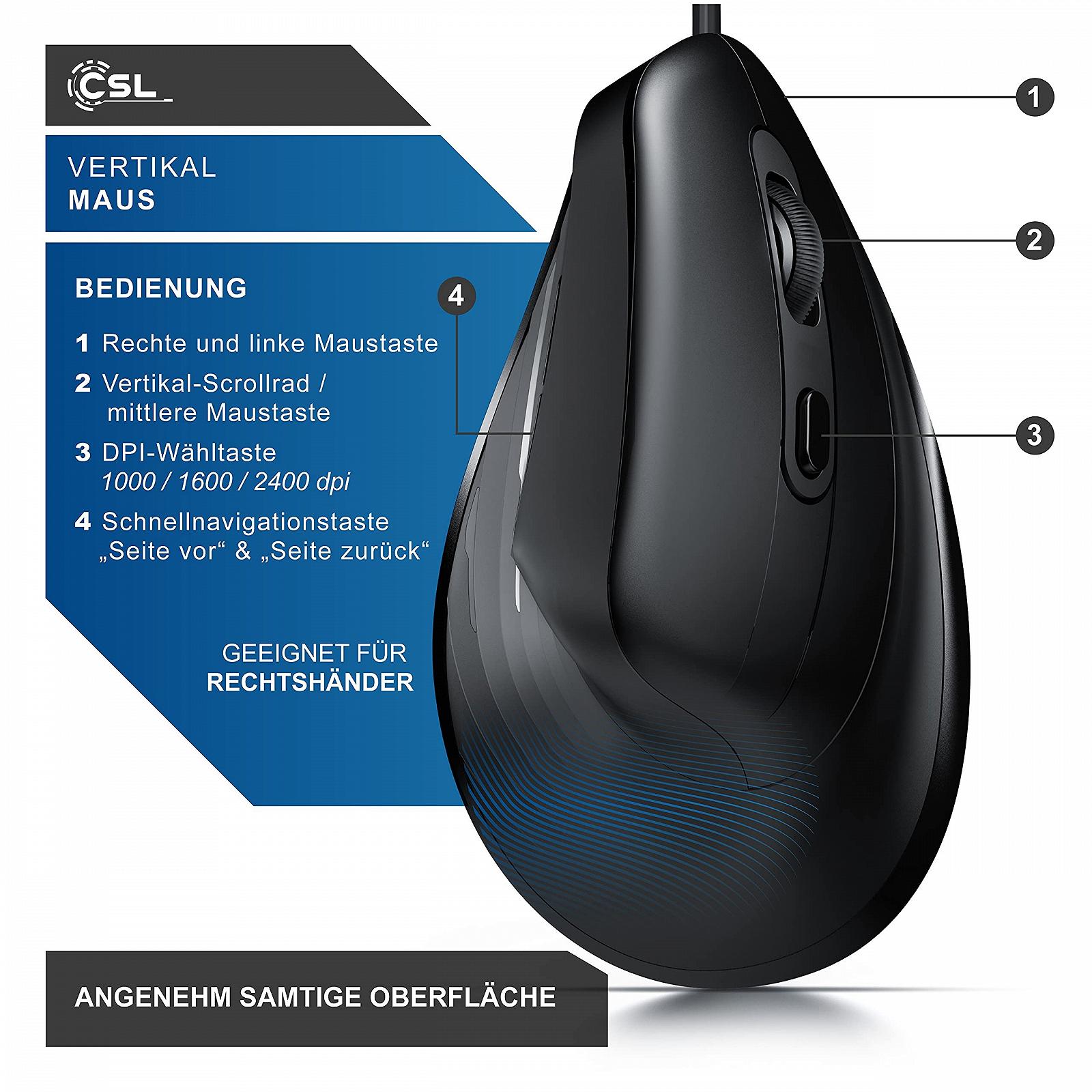 Мышь CSL Эргономичная 6400 DPI USB Проводная Вертикальная, фото №6