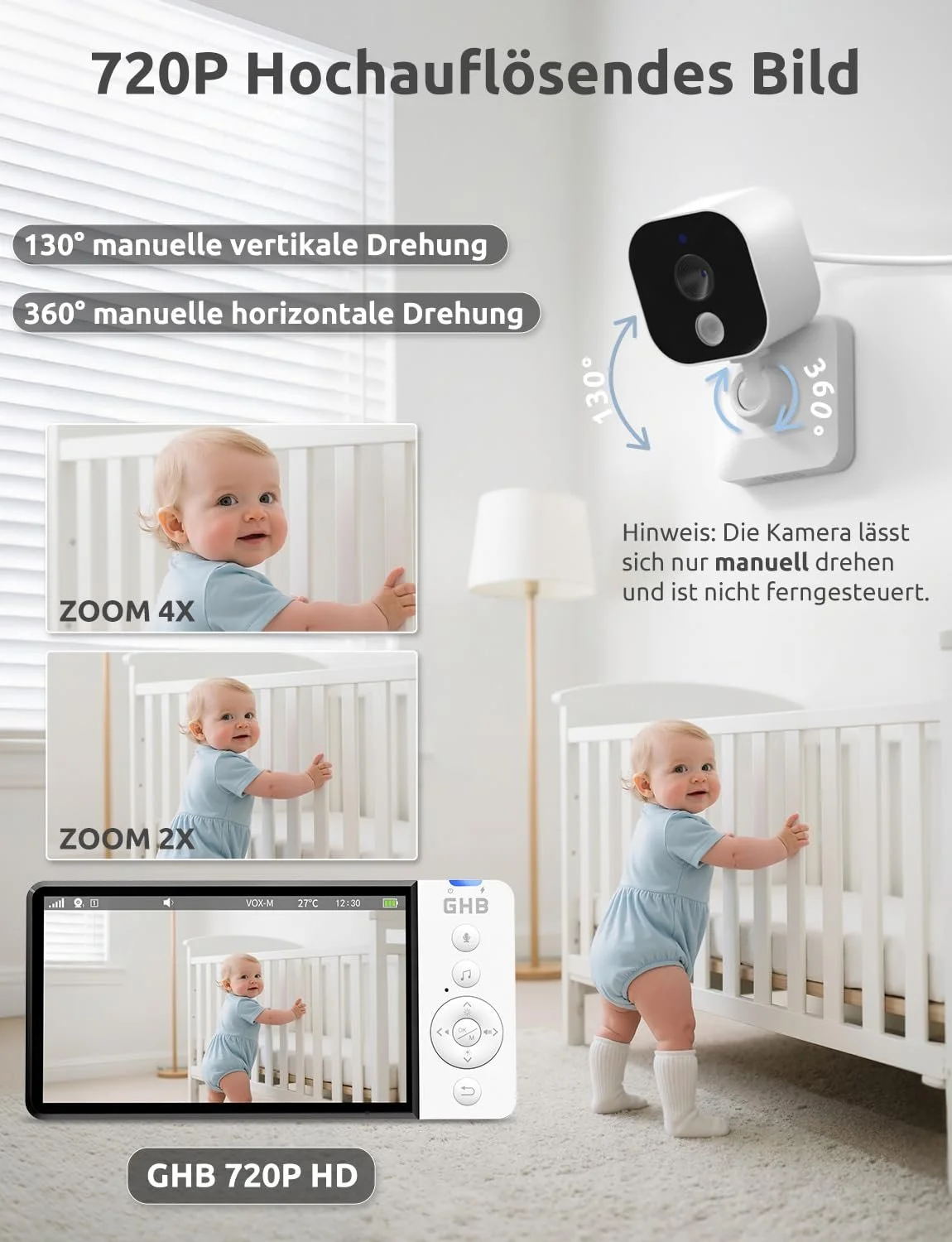 Відеоняня GHB 5 дюймів HD 5000 mAh IPS VOX 4X Zoom Night Vision Temperature 720P Manual Rotation, фото №5 Відеоняня GHB 5 дюймів HD 5000 mAh IPS VOX 4X Zoom Night Vision Temperature 720P Manual Rotation, фото №5