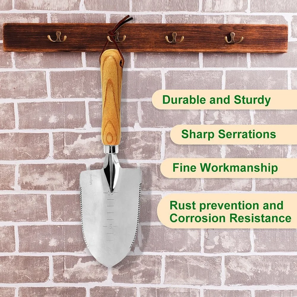 Кельма садова з мітками глибини, ергономічною дерев'яною ручкою, інструмент з нержавіючої сталі для посадки, прополки, пересадки і розгладження ґрунту, фото №5