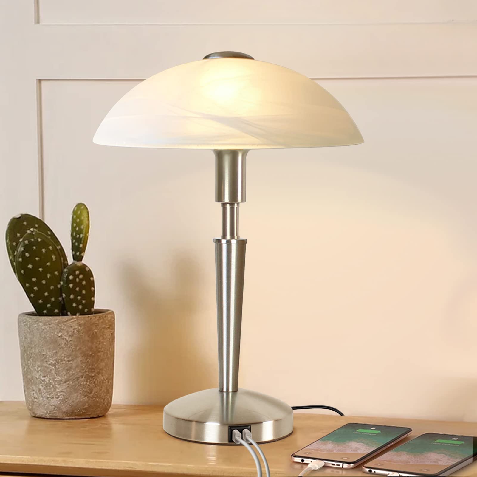 Настільна лампа з сенсорним димером матова латунь скло алебастр срібляста, фото №8