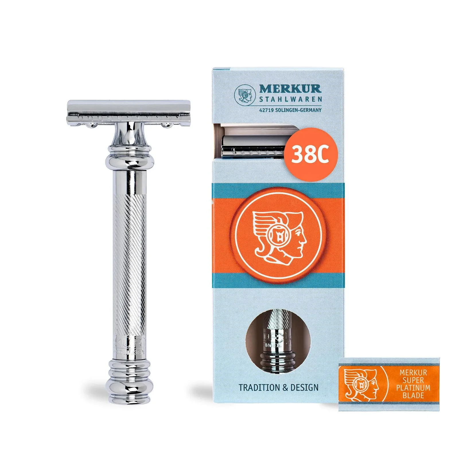 Бритва Т-образная MERKUR 38C Barber Pole Closed Comb Хром 113 г, фото №1