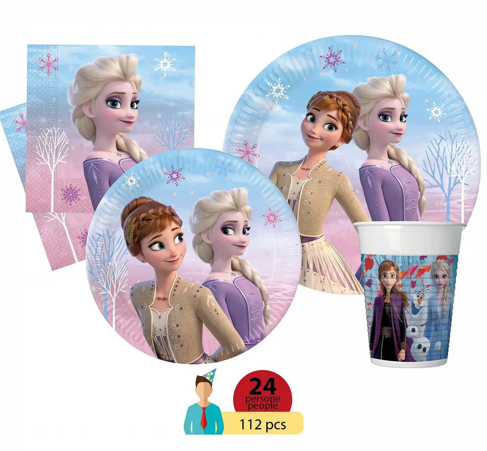 Набір посуду для вечірки Ciao Disney Frozen II Wind Spirit для 24 осіб (24 паперові тарілки діаметром 23 см, 24 паперові тарілки діаметром 20 см, 24 стаканчики 200 мл, 40 серветок 33 x 33 см), фото №2