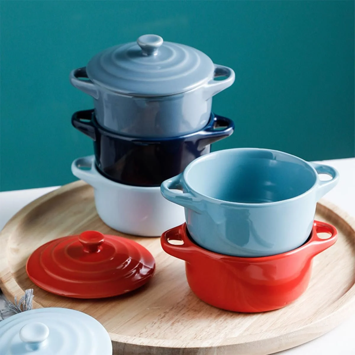 Керамическая миска VALICLUD огнеупорная с двойными ручками и крышкой для микроволновой печи Озерный голубой, фото №3