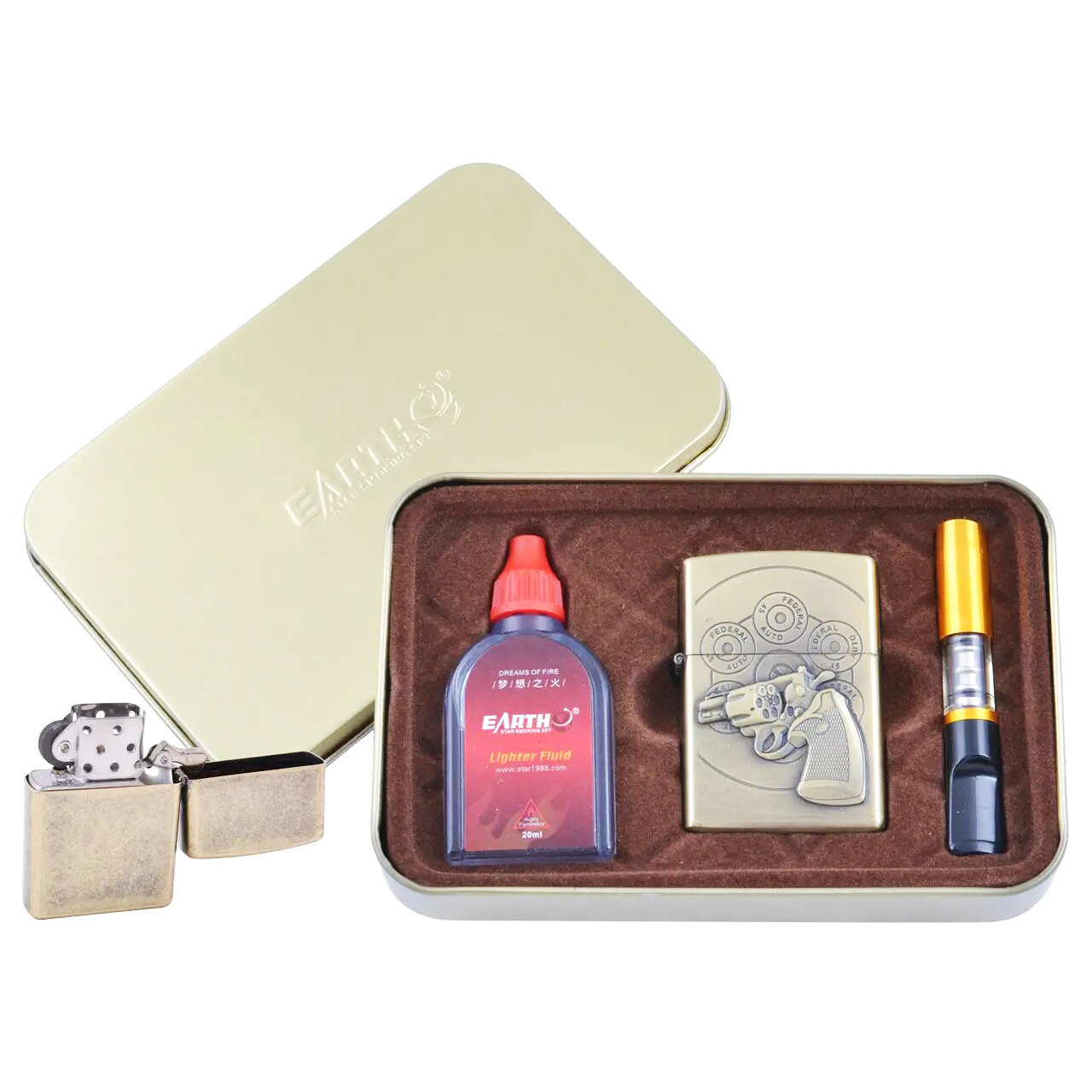 Зажигалка бензин мундштук в коробке EARTH Brown Револьвер XT-4932-4 карманная, фото №1