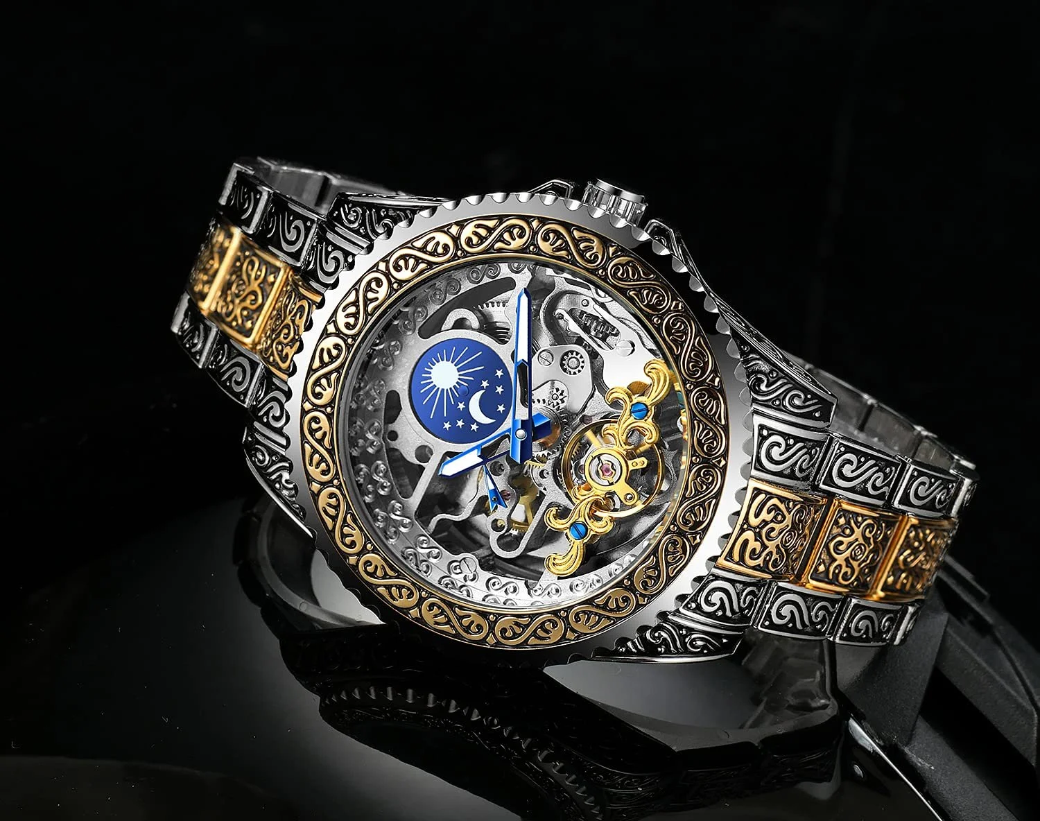 Автоматические часы Steampunk Retro Carved Skeleton Золотистый Серебристый Мужские часы с металлическим ремешком AM/PM Sun Moon, фото №8 Автоматические часы Steampunk Retro Carved Skeleton Золотистый Серебристый Мужские часы с металлическим ремешком AM/PM Sun Moon, фото №8