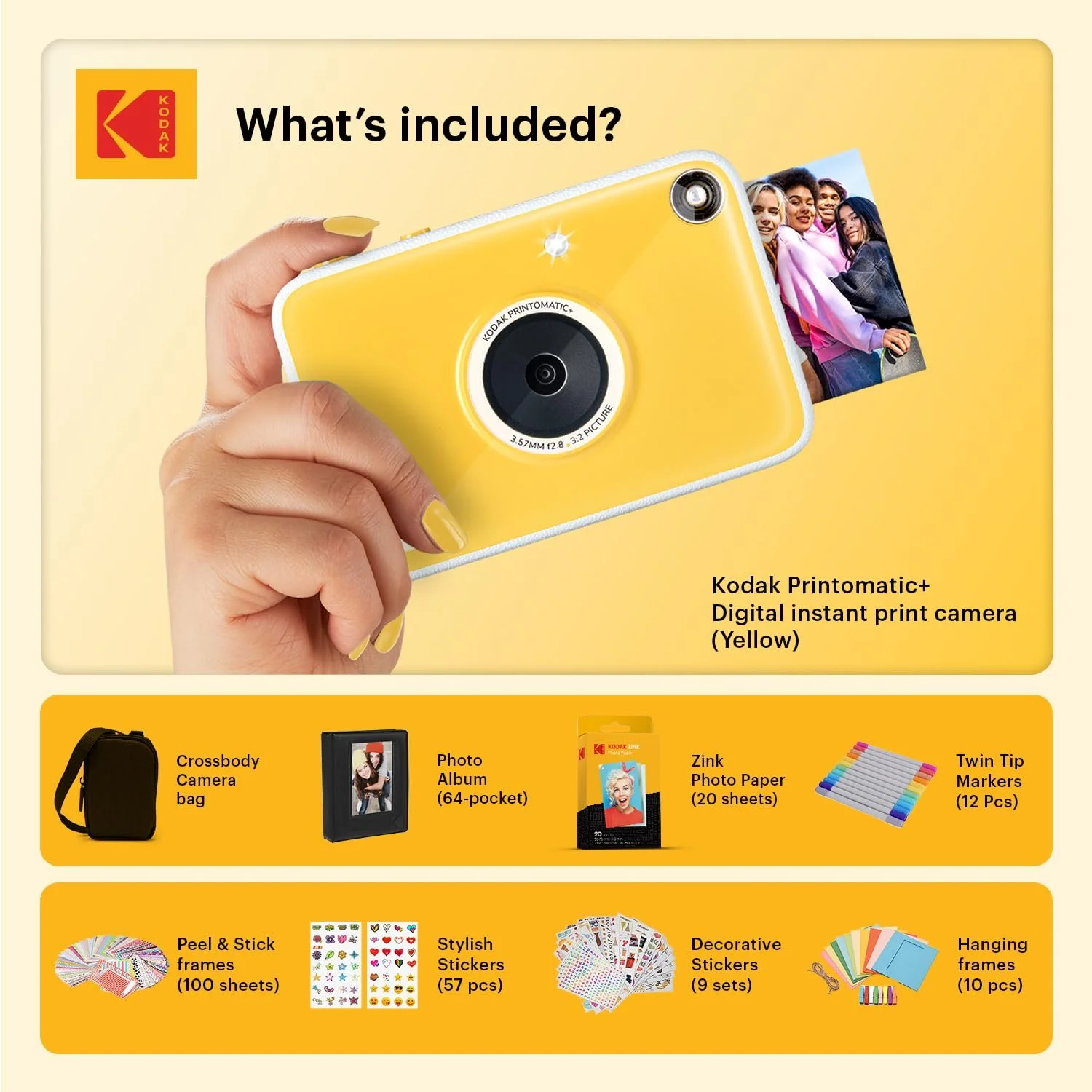 Подарочный набор с цифровой фотокамерой мгновенной печати Kodak Printomatic+ с сумкой, 20 листами бумаги Zinc 2x3", альбомом, наклейками, рамками и маркерами Yellow, фото №2