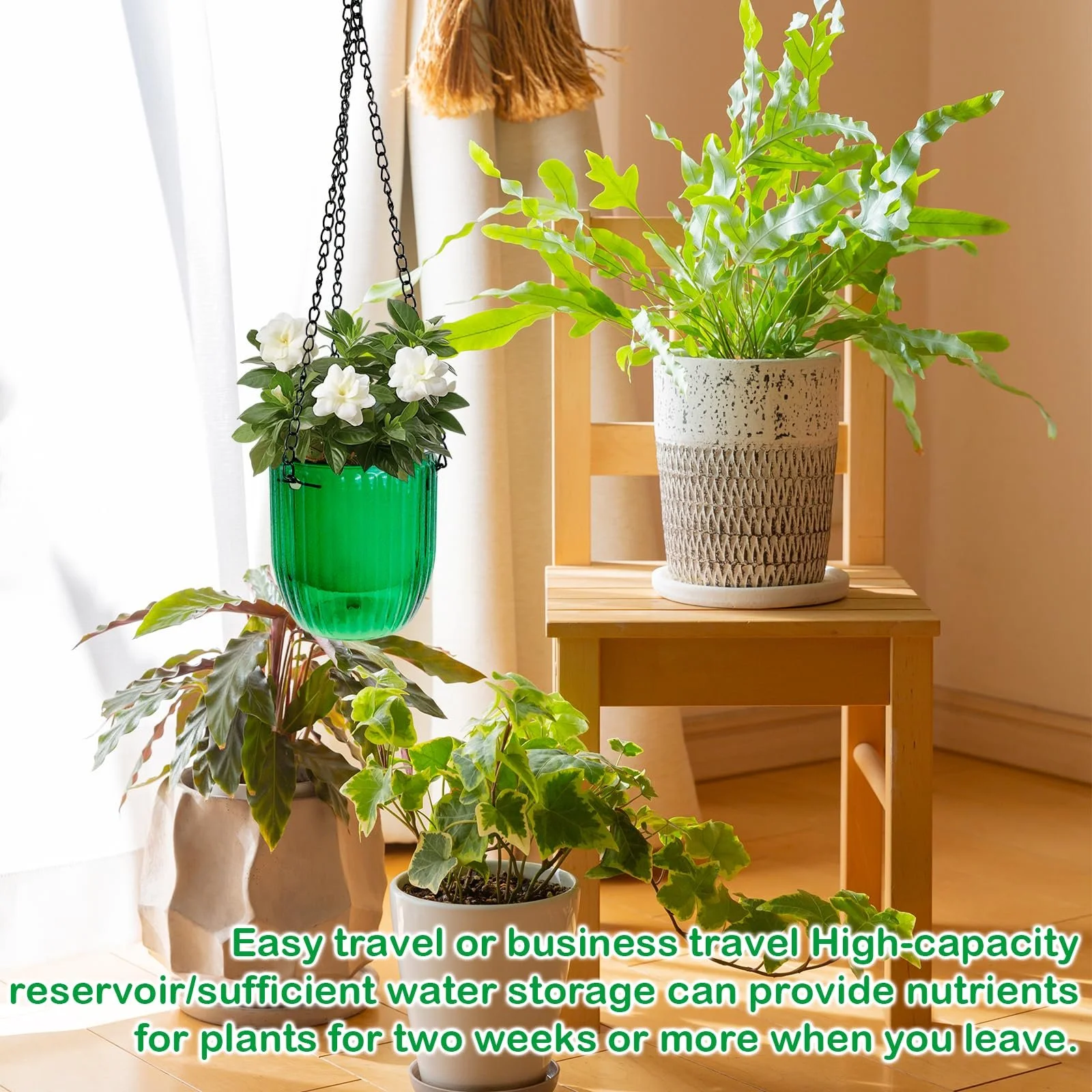 Подвесной вазон для цветов Pack of 2 с дренажным отверстием, металлической цепью и S-образными крючками Прозрачный зеленый, фото №7
