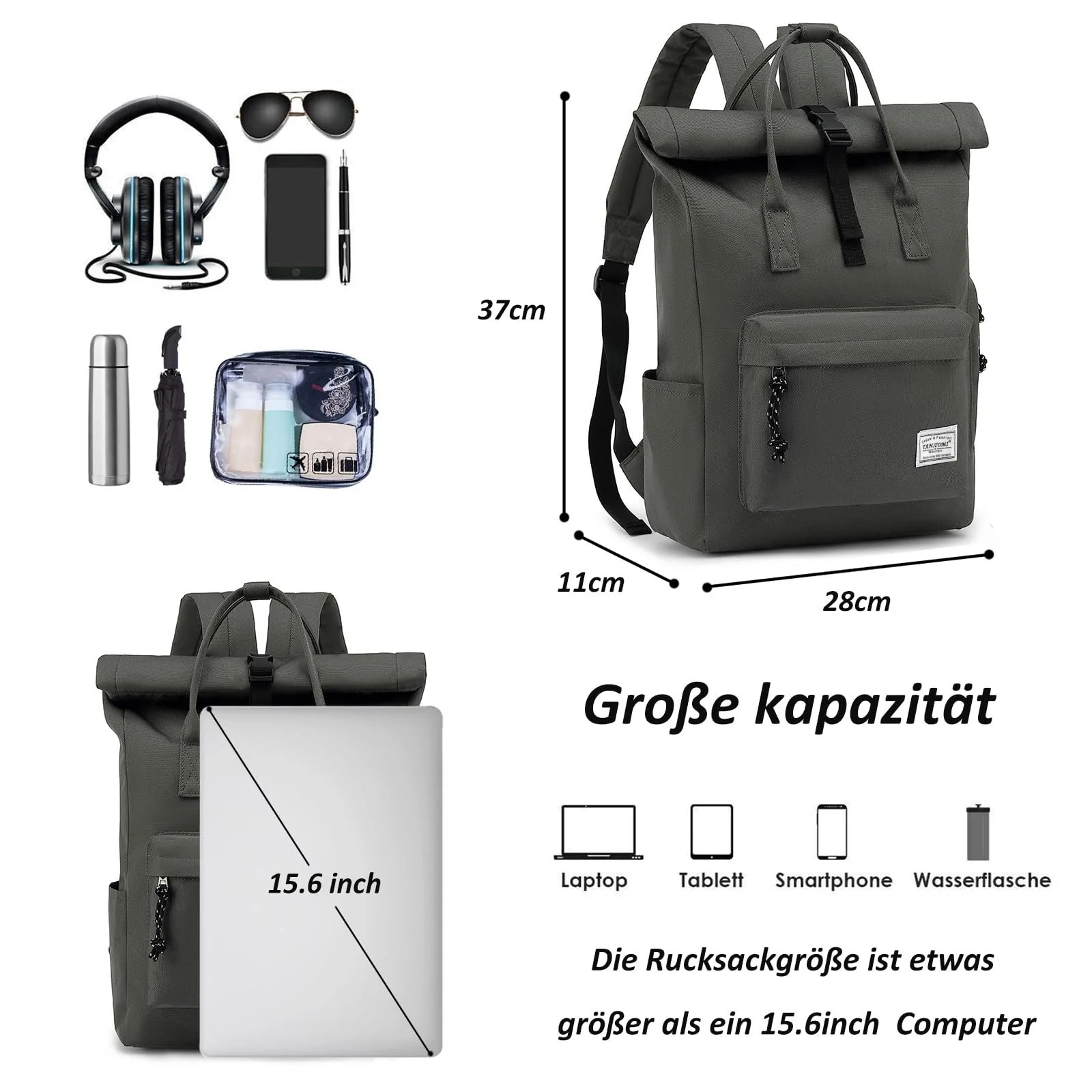Рюкзак для ноутбука TANTOMI 15.6 дюйма Rolltop Waterproof, фото №3 Рюкзак для ноутбука TANTOMI 15.6 дюйма Rolltop Waterproof, фото №3