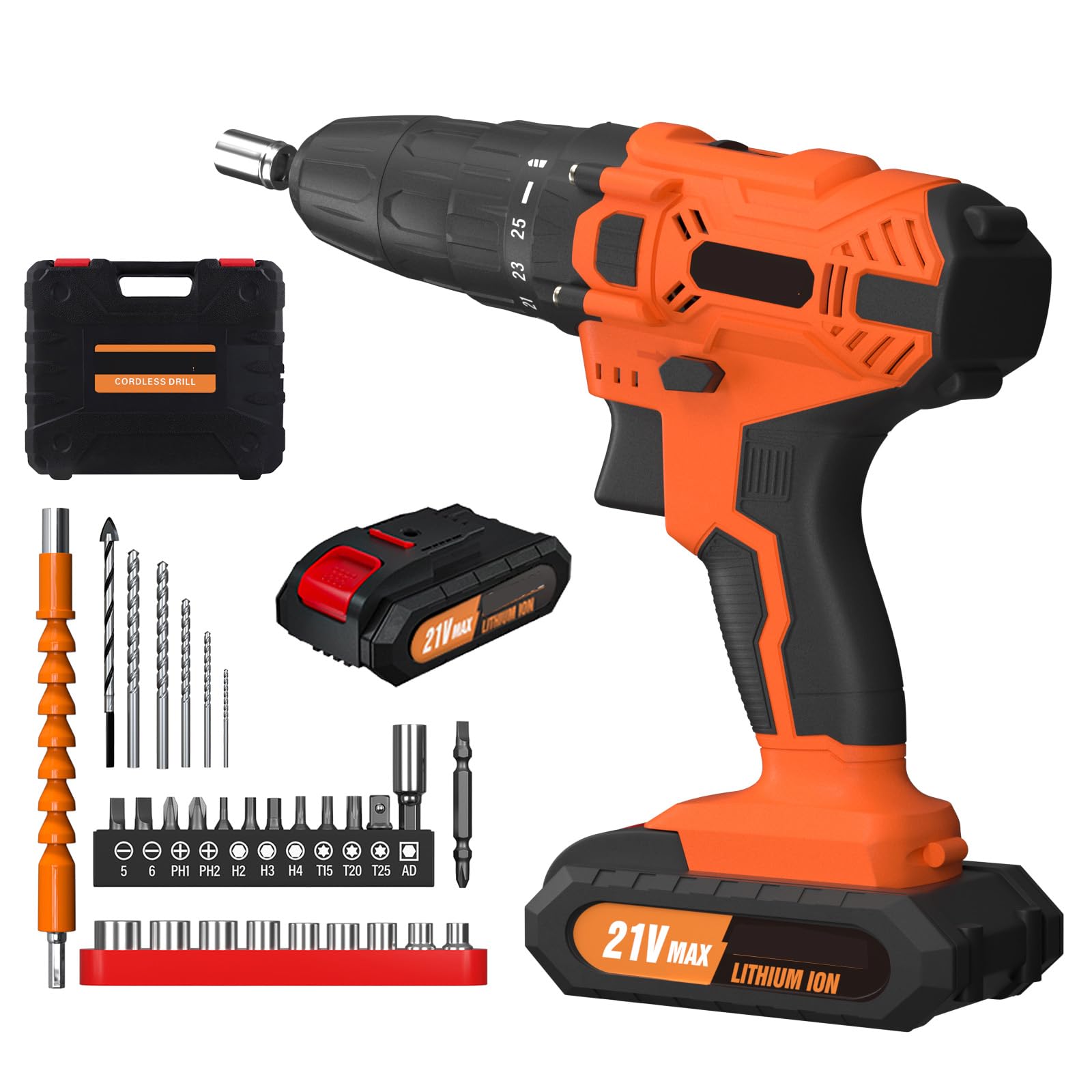 Акумуляторна дриль Шурупокрут 2 шт. 1500 мАг літій-іонний акумулятор 45 Н.м, 10 мм патрон дриля, 2 змінні швидкості, 25+1 крутний момент, світлодіодне підсвічування, з 29 аксесуарами та кейсом, фото №1 Акумуляторна дриль Шурупокрут 2 шт. 1500 мАг літій-іонний акумулятор 45 Н.м, 10 мм патрон дриля, 2 змінні швидкості, 25+1 крутний момент, світлодіодне підсвічування, з 29 аксесуарами та кейсом, фото №1