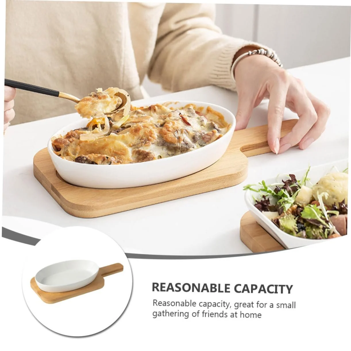 Форма для запікання керамічна Овальна з дерев'яною підставкою, екстра товста, термостійка, фото №3