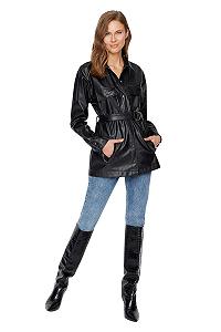 Пальто TRENDYOL Женское Черное Из искусственной кожи С металлической пряжкой synthetic.ua - Фото 1