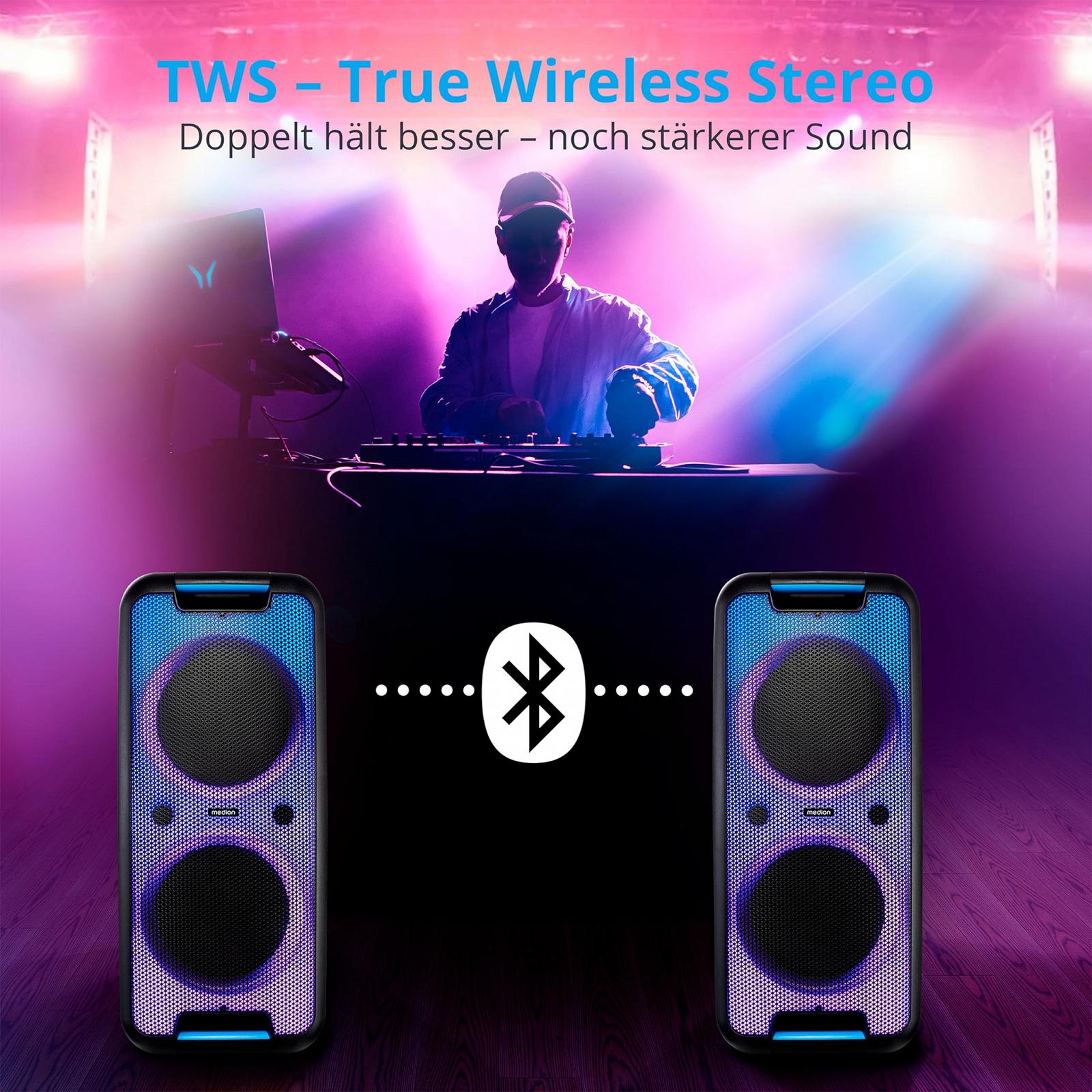 Система звука MEDION P61080 Party с микрофоном Bluetooth 2 x 450 Вт цветной LED, фото №5 Система звука MEDION P61080 Party с микрофоном Bluetooth 2 x 450 Вт цветной LED, фото №5