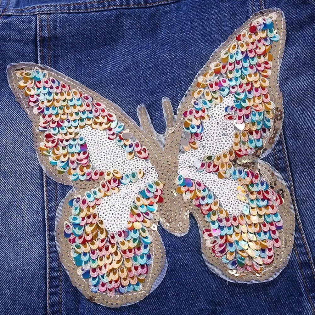 Джинсова куртка для дівчаток LSHEL з довгими рукавами, метелики, перехідна куртка з паєтками, фото №8