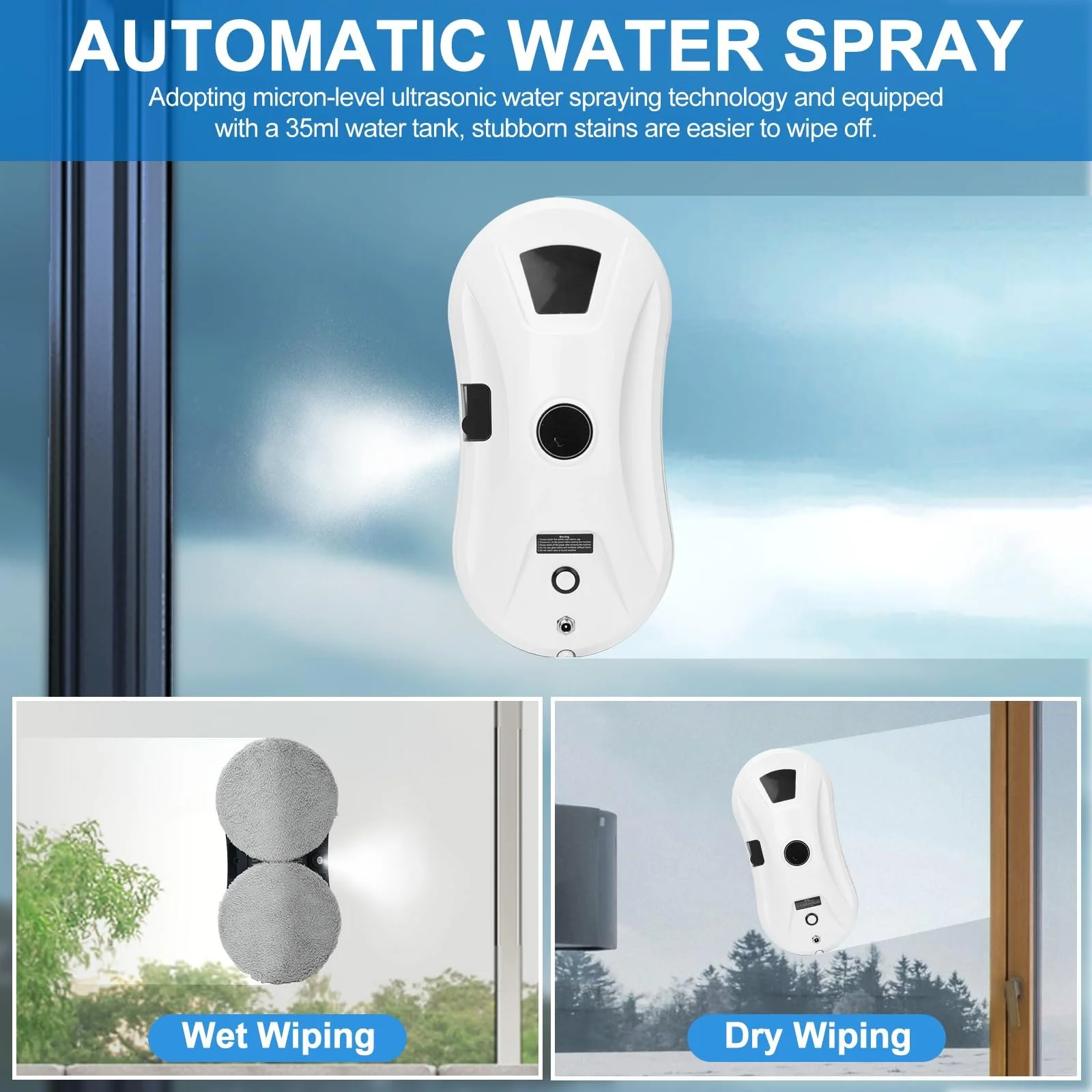Робот для миття вікон Umelee з функцією розпилення води, 2800 Па, 10 серветок для прибирання, для вікон у приміщенні та на вулиці, фото №2 Робот для миття вікон Umelee з функцією розпилення води, 2800 Па, 10 серветок для прибирання, для вікон у приміщенні та на вулиці, фото №2