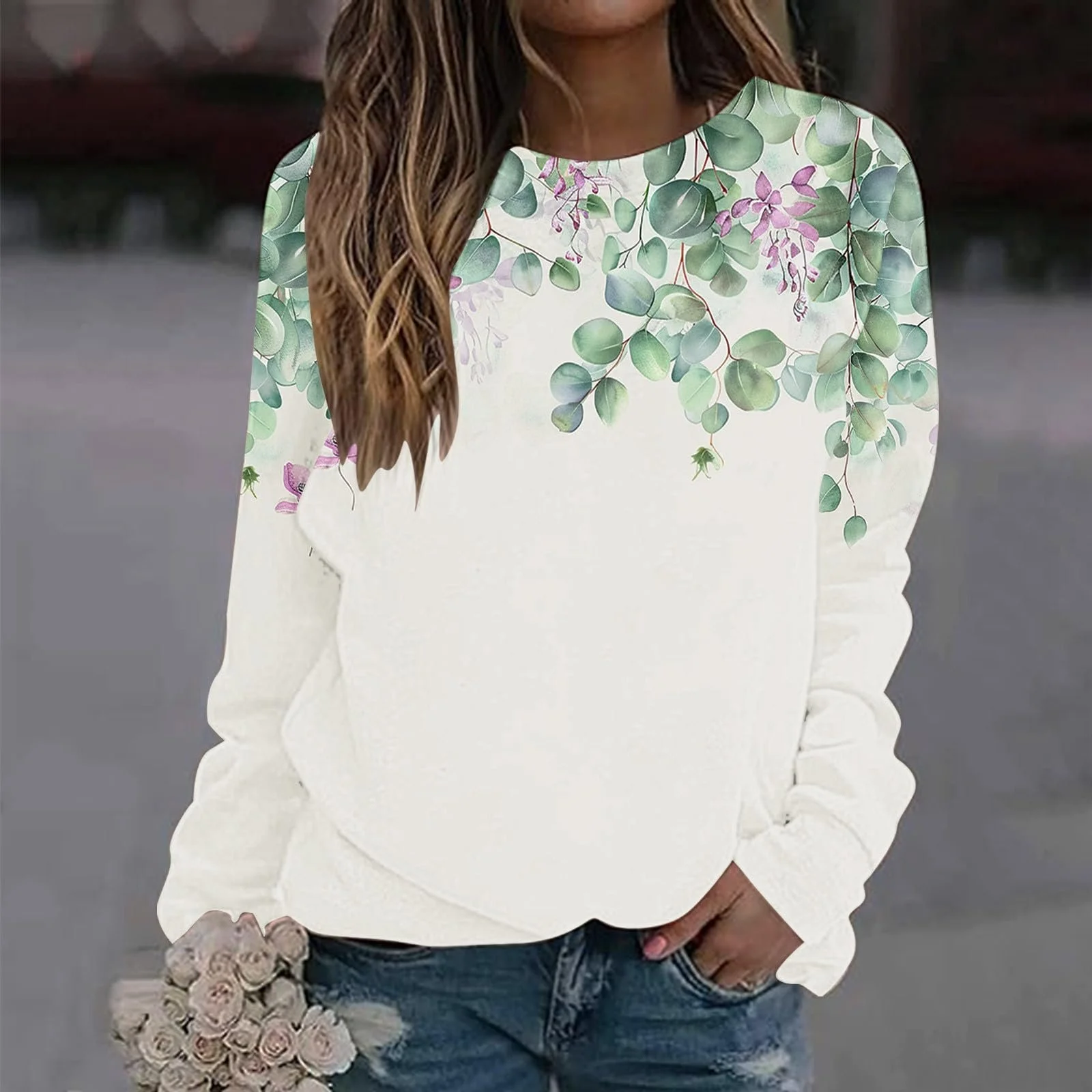 Женский Свитер Komiseup Однотонный Oversized Круглый вырез Длинный рукав с цветочным принтом Свободный Спортивный Без капюшона 25, фото №2