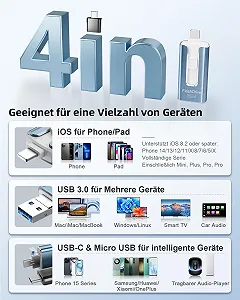USB-флеш-накопичувач GNASEET 256 ГБ 4-в-1 USB 3.0 iOS/USB-C/Micro USB Синій synthetic.ua - Фото 1