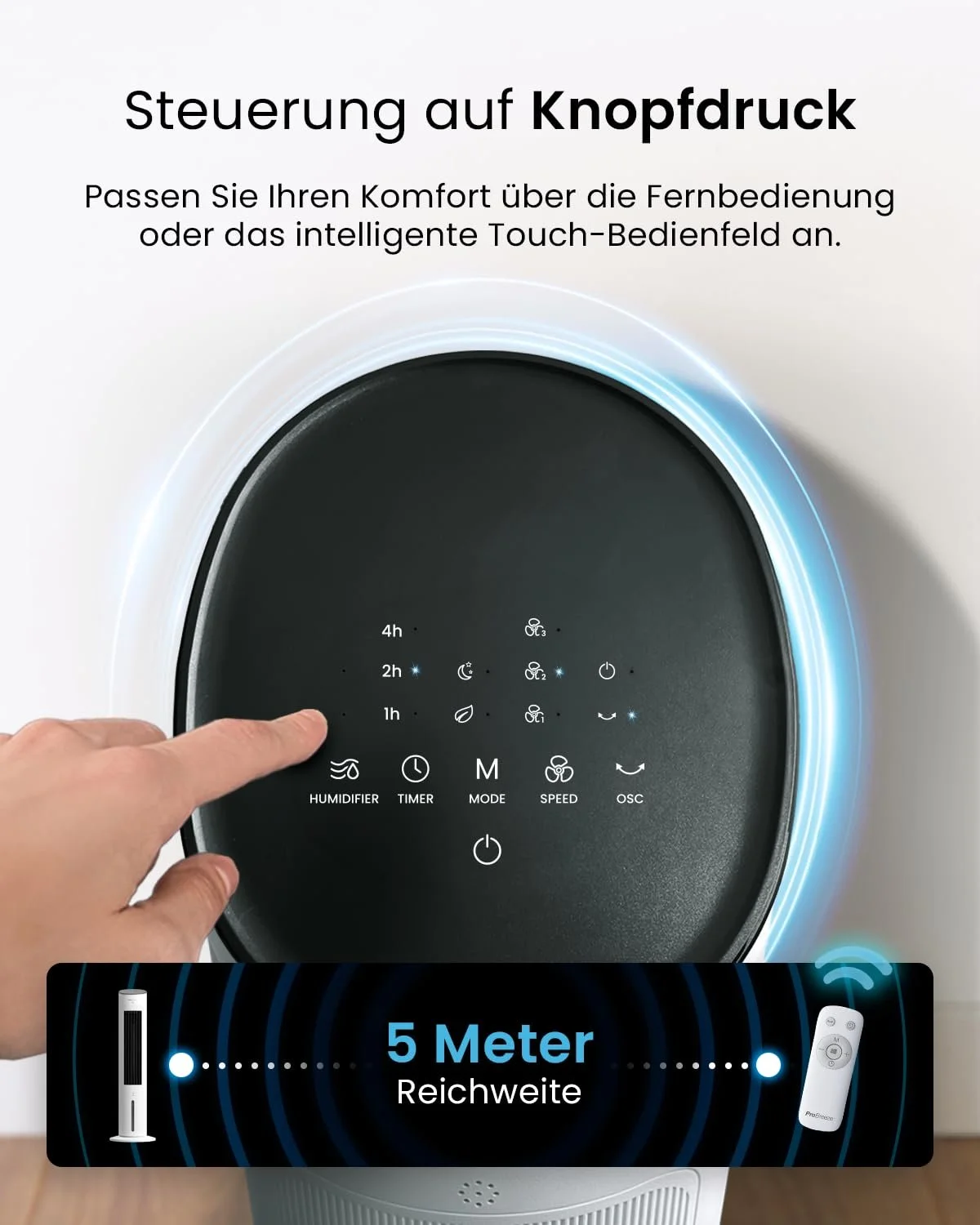 Мобільний охолоджувач повітря Pro Breeze OmniAir 5L Башта з пультом дистанційного керування 3 рівні вентилятора 4 режими 75° осциляція 7-годинний таймер без витяжного шланга, фото №6