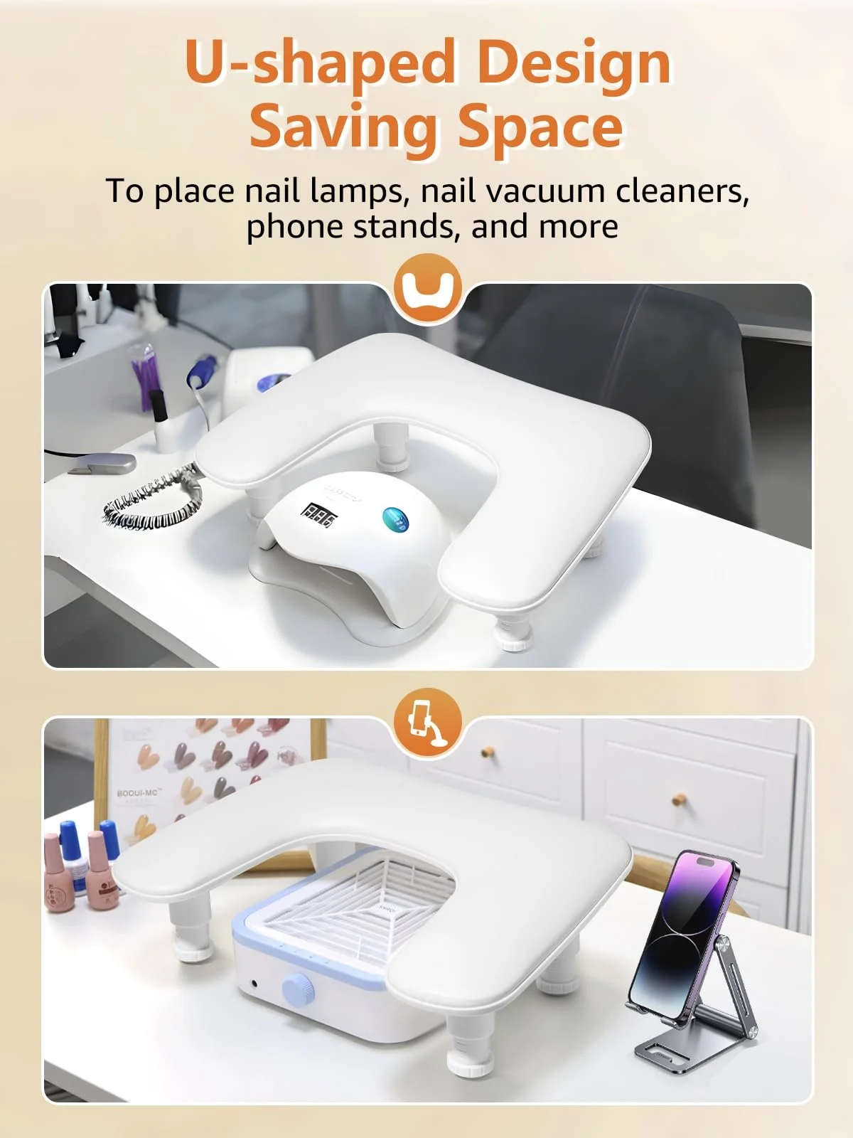 Підставка для рук U-подібна Deciniee для манікюрного столу, регульована висота, біла, фото №4