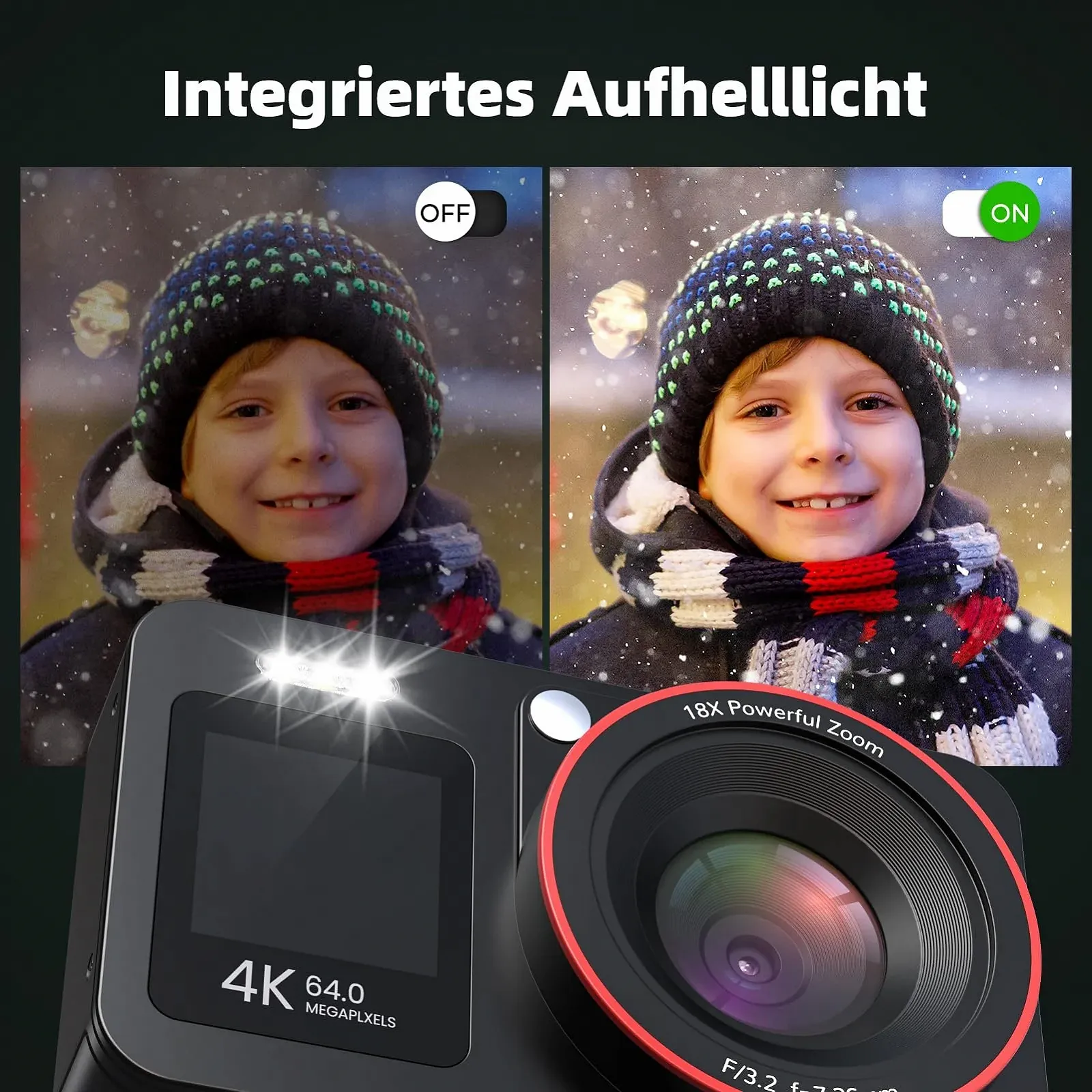 Цифрова камера 4K 64MP для влогів компактна 18X Digital Zoom 2 екрани 2 акумулятори 64GB SD-карта Чорна, фото №8