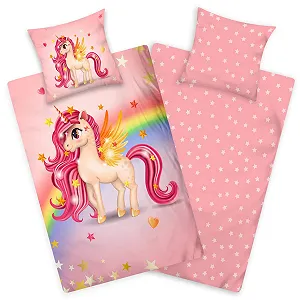 Дитяча постільна білизна Aminata kids 135 x 200 см, для дівчаток, з єдинорогом, на блискавці, двостороння, для односпального ліжка - Фото 1