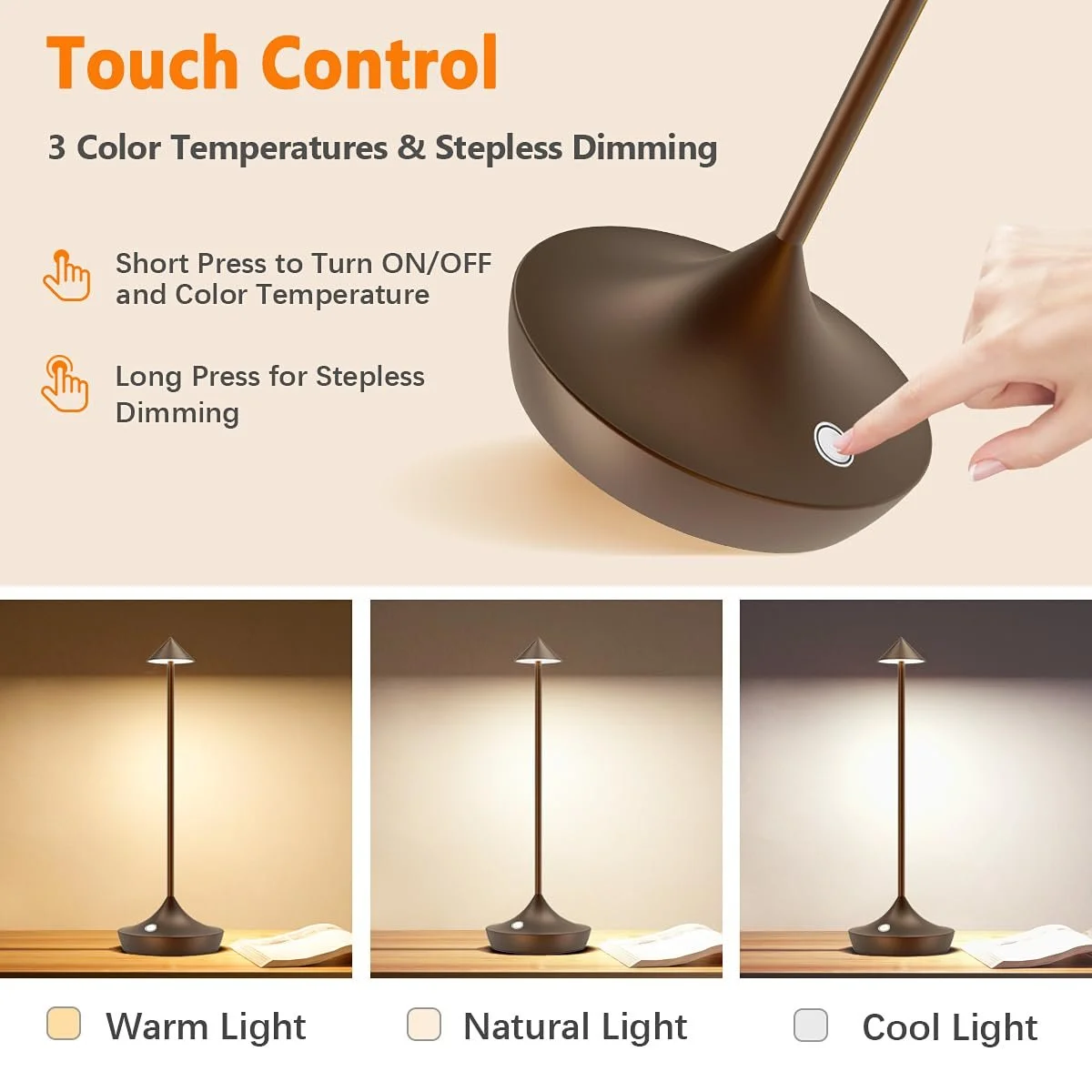 Настільна лампа LED bravzurg акумуляторна бездротова набір з 2 шт. 6000 mAh алюмінієва водонепроникна димована коричнева, фото №3