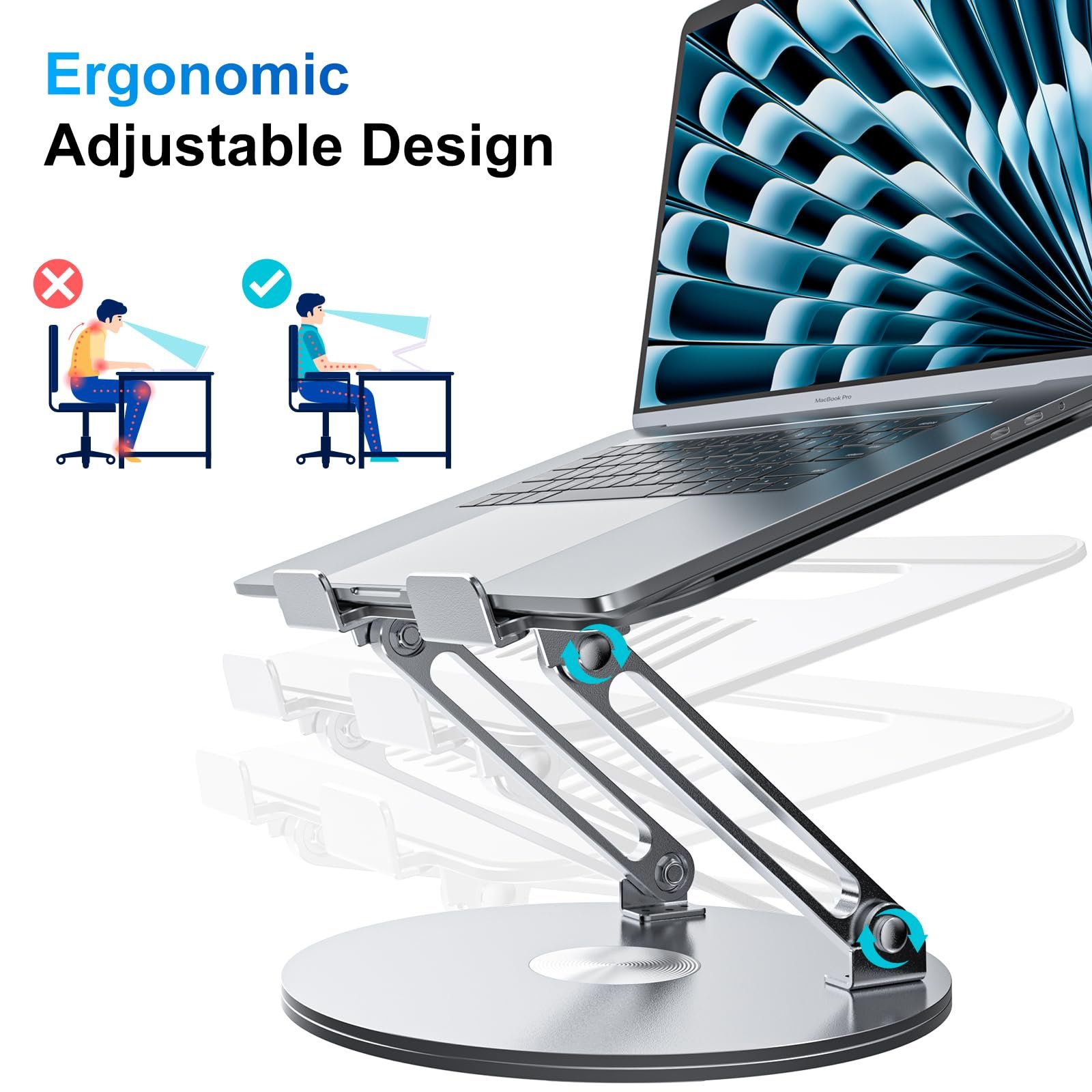 Підставка для ноутбука, регульована по висоті, складана, ергономічна вентильована з обертовою основою 360, вертикальний тримач для ноутбука, сумісна з Notebook MacBook Air/Pro, Dell, HP і ноутбуками 11-16 дюймів, фото №6