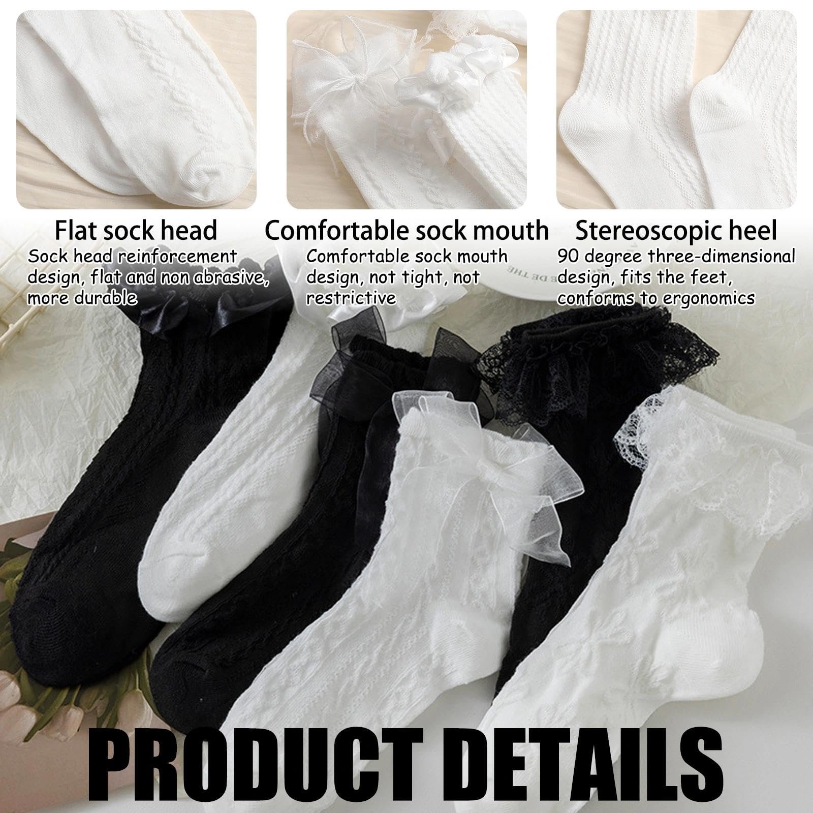 Носки с рюшами Женские - 6 пар - Милые носки до щиколотки с кружевом и бантом из хлопка - Черно-белые дышащие балетные носки принцессы для девочек и женщин, фото №3
