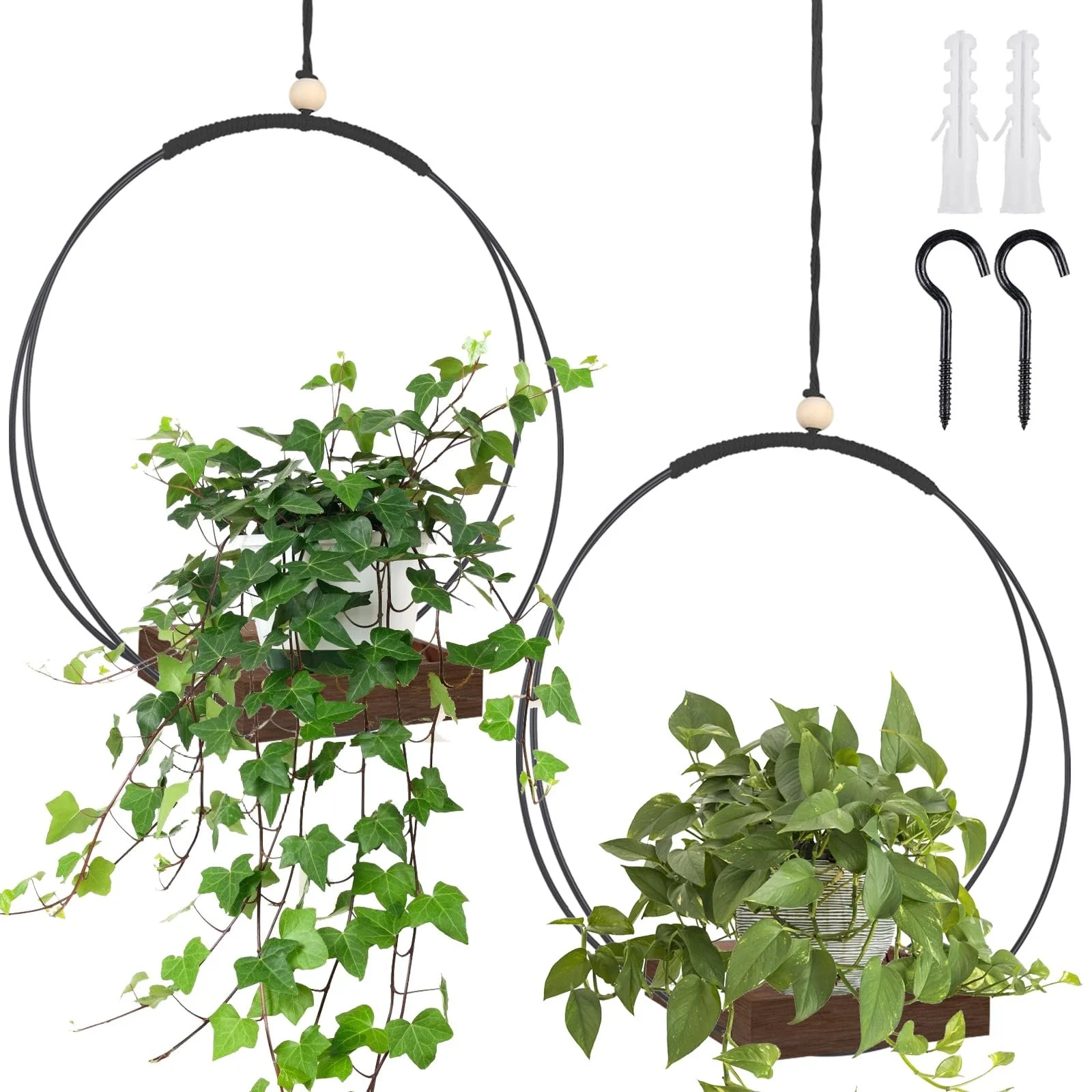 Набір підвісних кошиків макраме з дерев'яною основою, 2 шт., 93 см, Чорний/Коричневий, фото №8