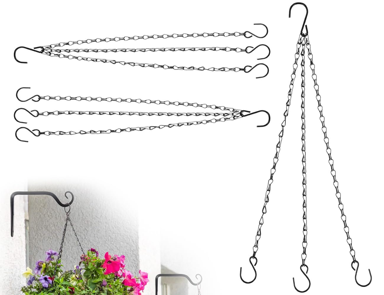 Набор цепочек для подвесных корзин Металлические трехпроводные с S-образными крючками, 2 шт., 32 см, Черный, фото №1