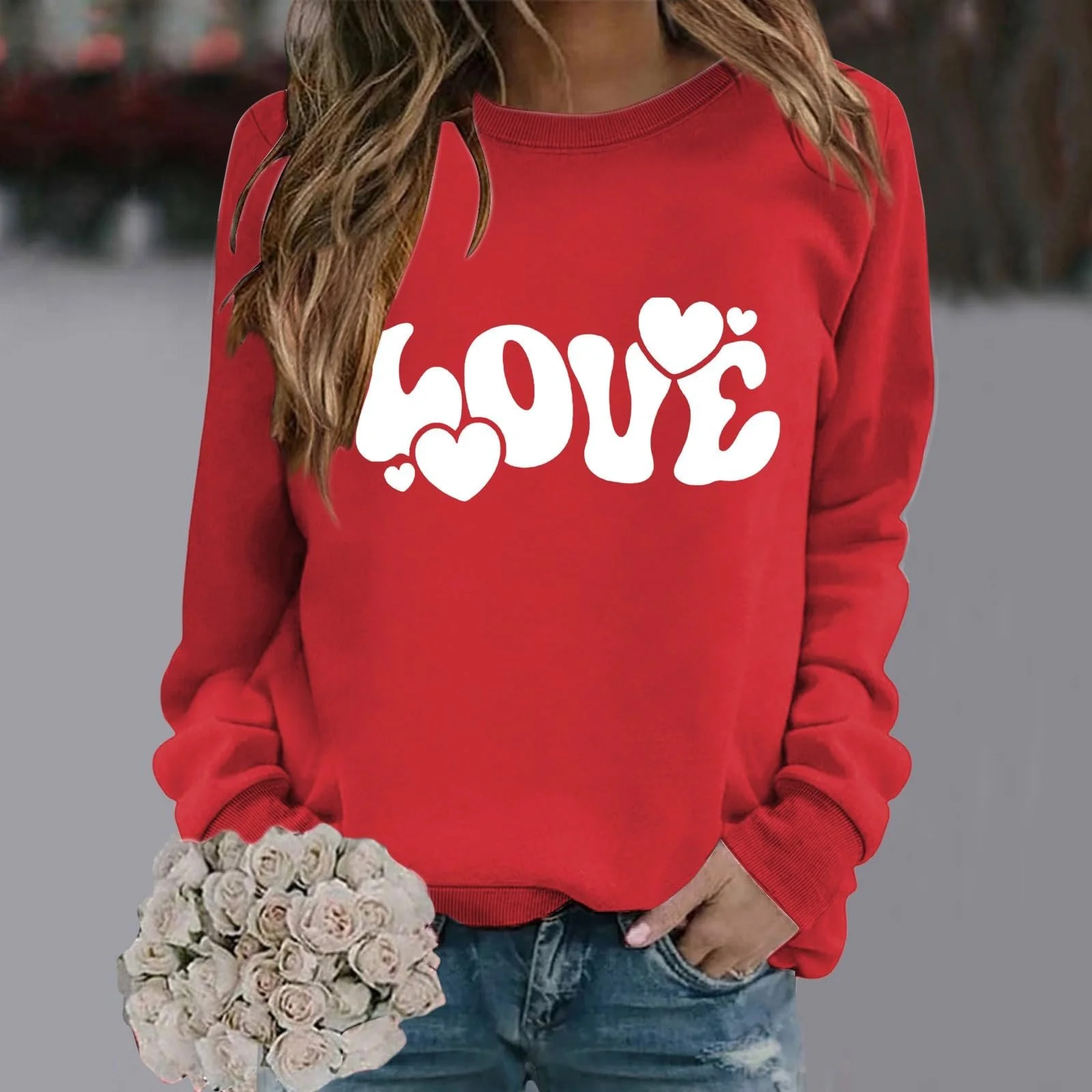 Свитшот Женский на День Святого Валентина Пуловер Топы Повседневный Осенний Худи Модный С принтом Длинная Рубашка Пуловер, фото №4
