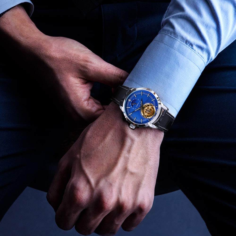 Чоловічий годинник BOLYTE Antique Автоматичний 24 години Сонце і Місяць Підциферблат Механічний Скелетон з шкіряним ремінцем, фото №7