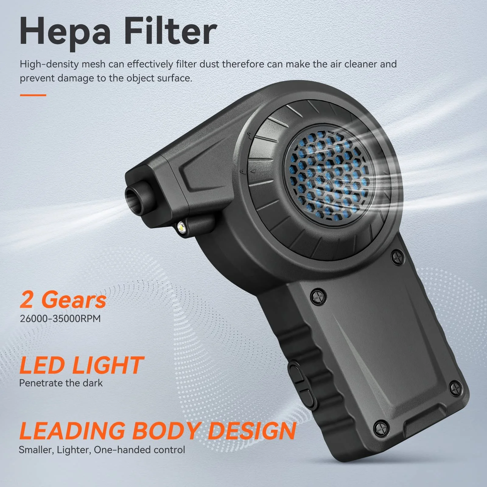 Електрична повітродувка Reesibi C1 35000 RPM з LED-підсвіткою 2 швидкості 2400 mAh Сіра, фото №2