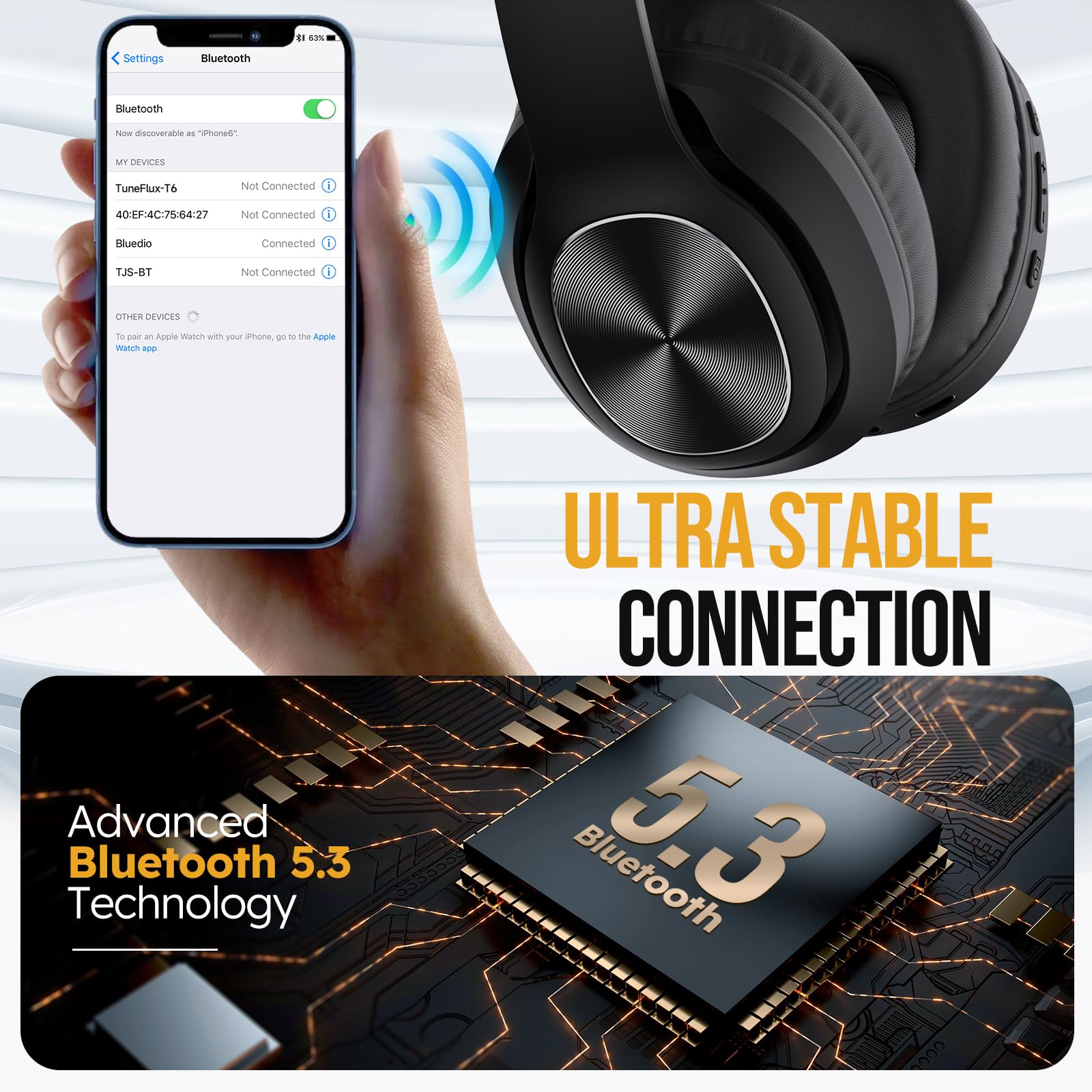 Навушники Bluetooth TuneFlux Over Ear 80 годин чорні, фото №6