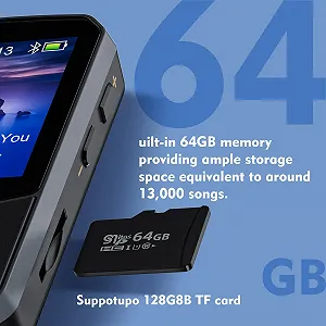 MP3 плеєр 64GB Bluetooth 5.3 Sport з 1.5-дюймовим TFT кольоровим екраном, Mini Music Player з кліпсою, для бігу, FM радіо, диктофон, крокомір, A-B повтор, підтримка SD-карти 128GB synthetic.ua - Фото 1