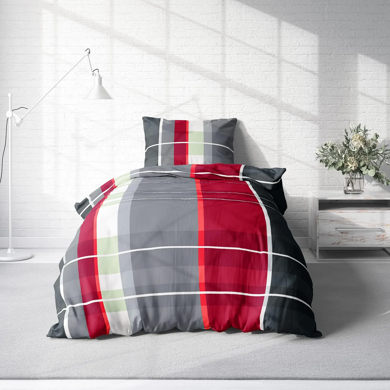 Комплект постільної білизни з мікрофібри one-home 2 предмети на блискавці 135 x 200 см червона клітинка, фото №2