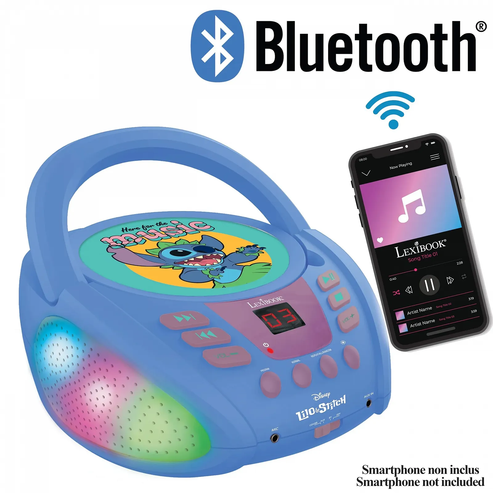 Музыкальная система Lexibook Disney Stitch RCD109D Bluetooth для детей, портативный, многоцветные световые эффекты, разъем для микрофона, Aux-in, питание от сети или батареек, синий, фото №3