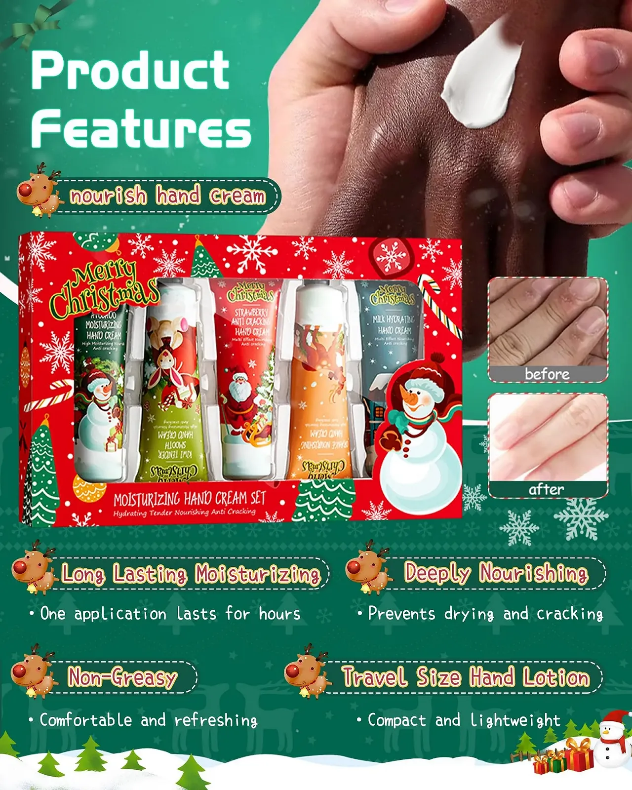 Крем для рук Рождественский набор из 5 мини-кремов для рук, увлажняющий крем для сухих потрескавшихся рук для зимы, маленький рождественский подарок для мужчин/женщин/мамы/девушки Рождественский набор B, фото №5
