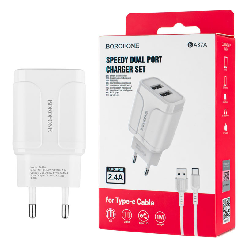 Зарядное устройство BOROFONE BA37A 2USB White with Type-C cable, фото №2