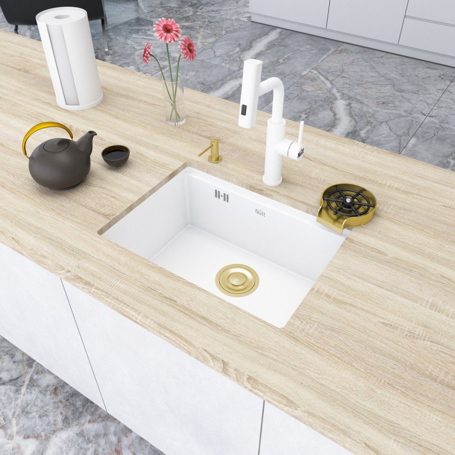 Біла мийка на кухню під стільницю з нержавіючої сталі Nett NW-5742 із золотим сифоном, фото №1