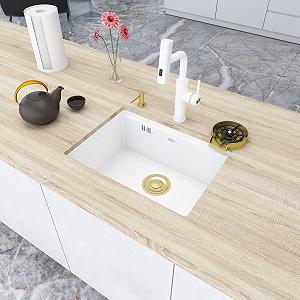 Біла мийка на кухню під стільницю з нержавіючої сталі Nett NW-5742 із золотим сифоном - Фото 1