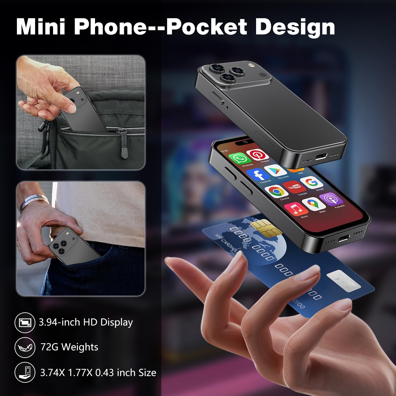 Міні-смартфон 4.0 дюйма HD 3GB+32GB 4G Dual SIM Black, фото №7