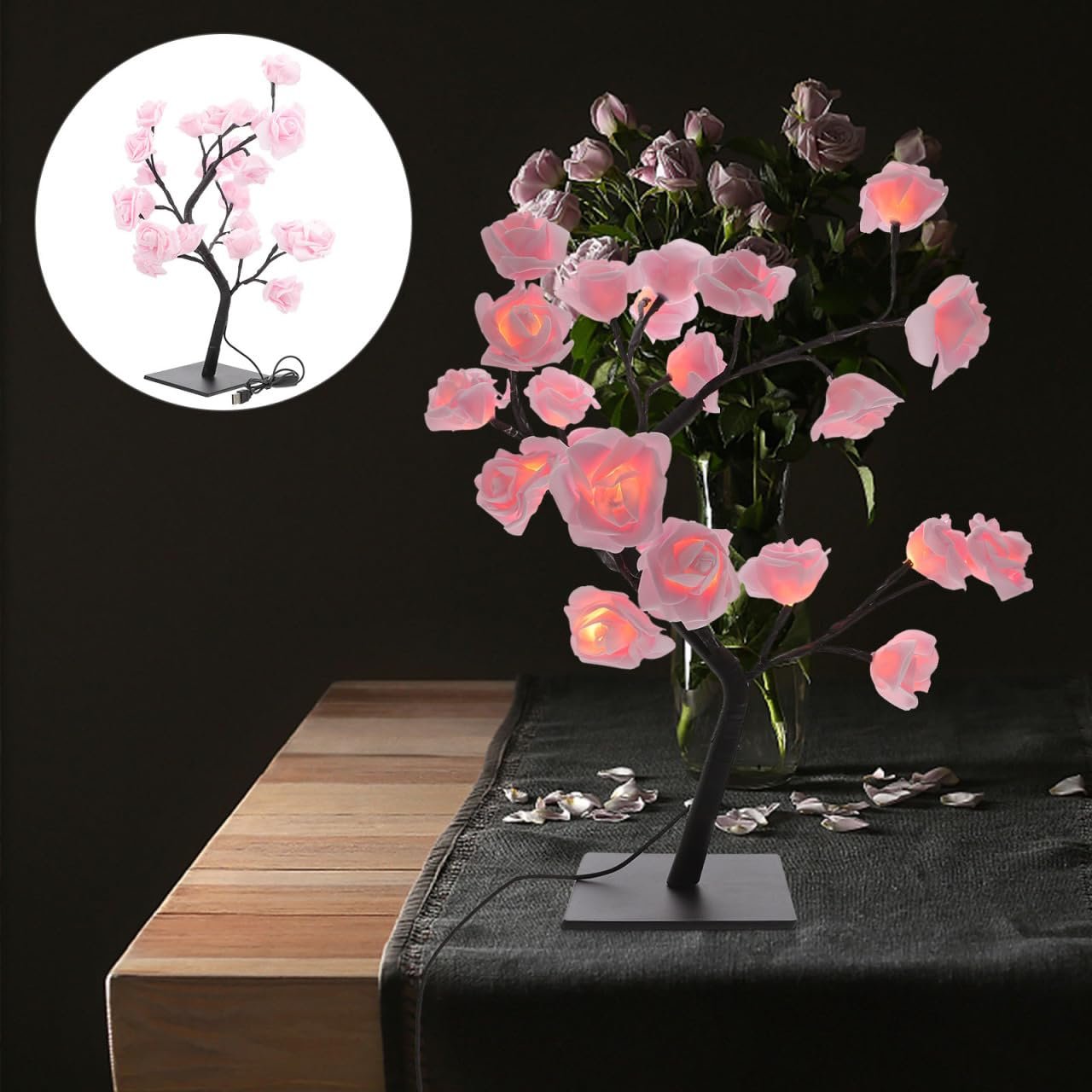 Настільна лампа HEMOTON USB Night Light Rose Tree Warm Light Pink, фото №4