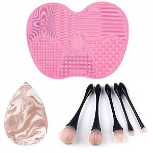 Beauty Набір 5pcs Black Makeup Brush Set Pink Silicone Cleaning Mat Coffee Blender Makeup Sponge - Фото 1